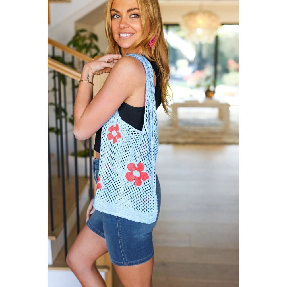 Crochet Tote Blue Daisy Medium Beach Casual Boho Knit Coquette 70s Floral